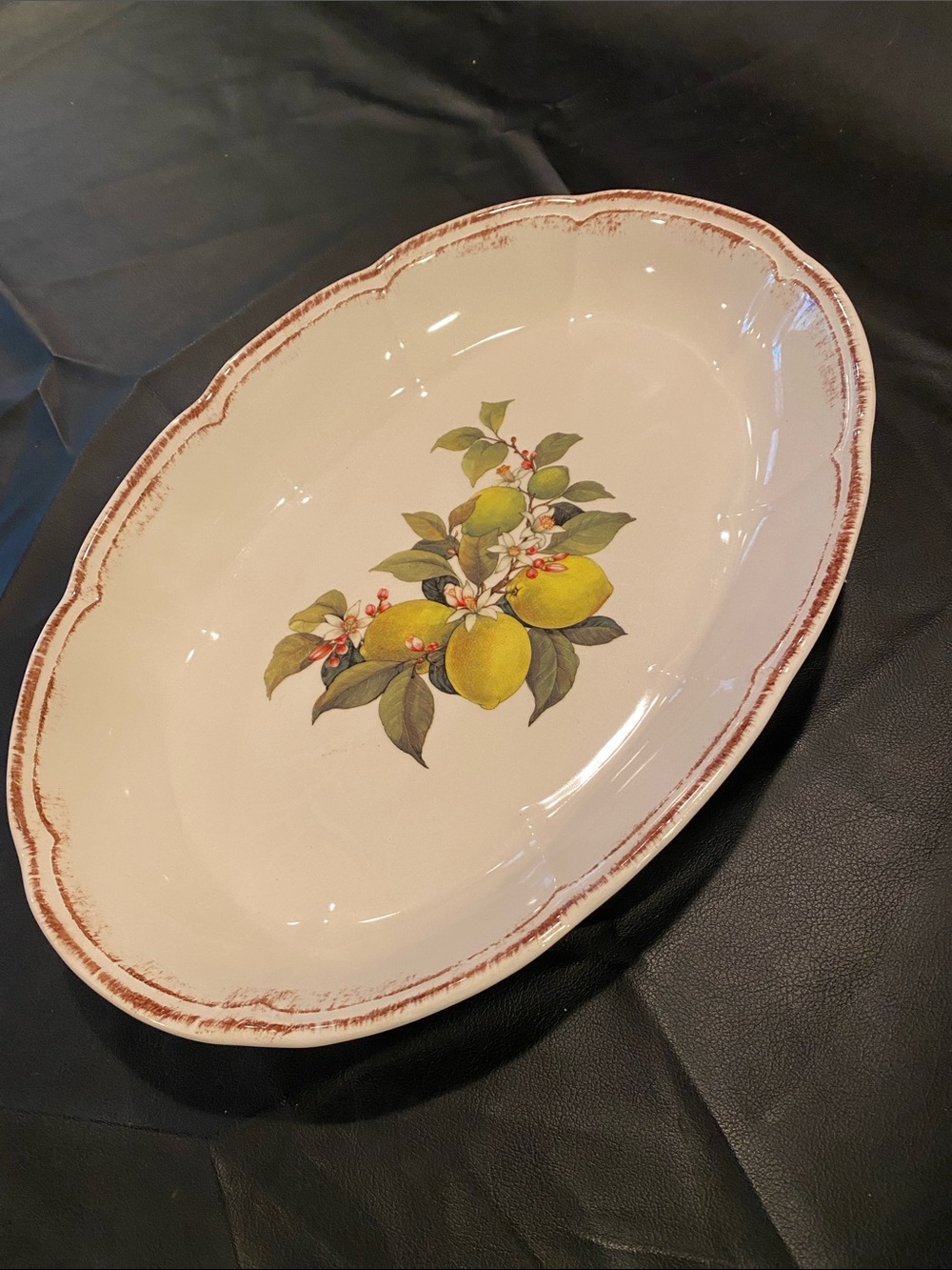 Cream Ceramic Oval Serving Platter with Yellow Lemon Design
